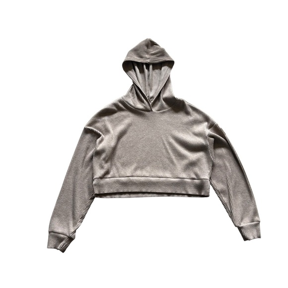 ALO Yoga Muse Ribbed Crop Top Hoodie Women’s Size Medium In Beige - Picture 4 of 9